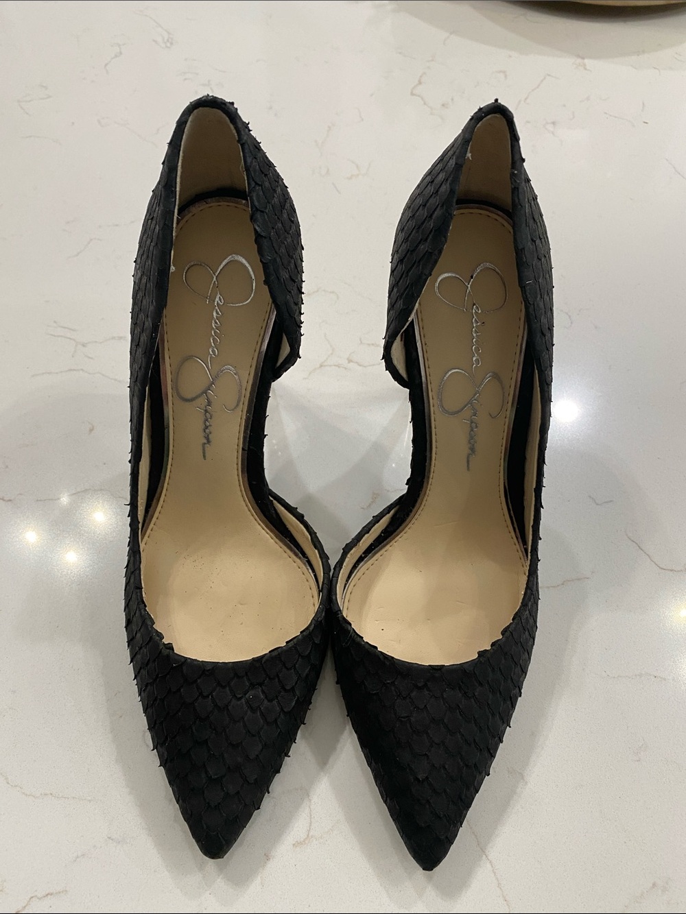 Jessica Simpson Black Textured Pointed-Toe D'Orsay Heels